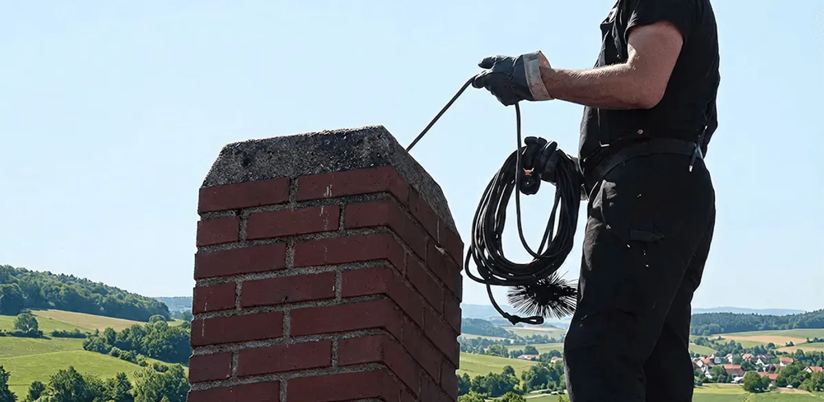 Chimney sweep inspecting and cleaning a rooftop chimney in Hollywood, FL