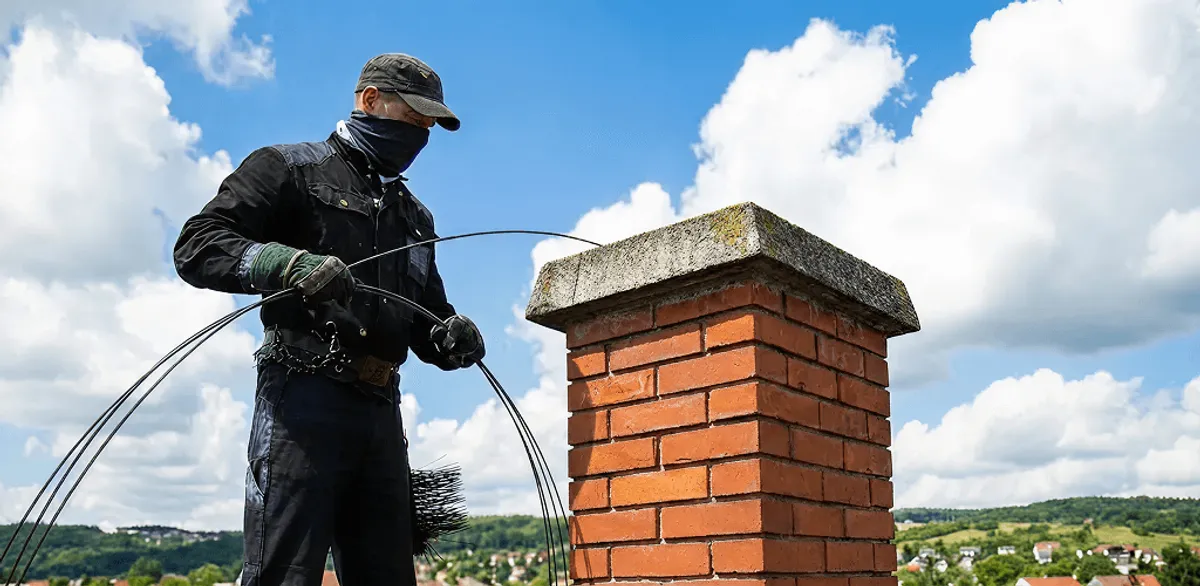 Chimney sweep cleaning a brick chimney with professional tools in Hollywood, FL